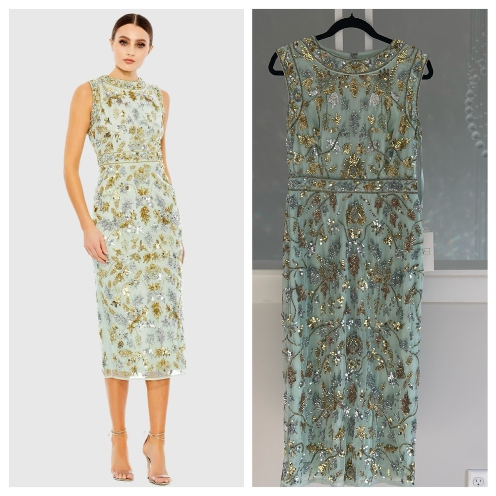 Mac Duggal Pale Mint Green Beaded Sheath Midi Dress